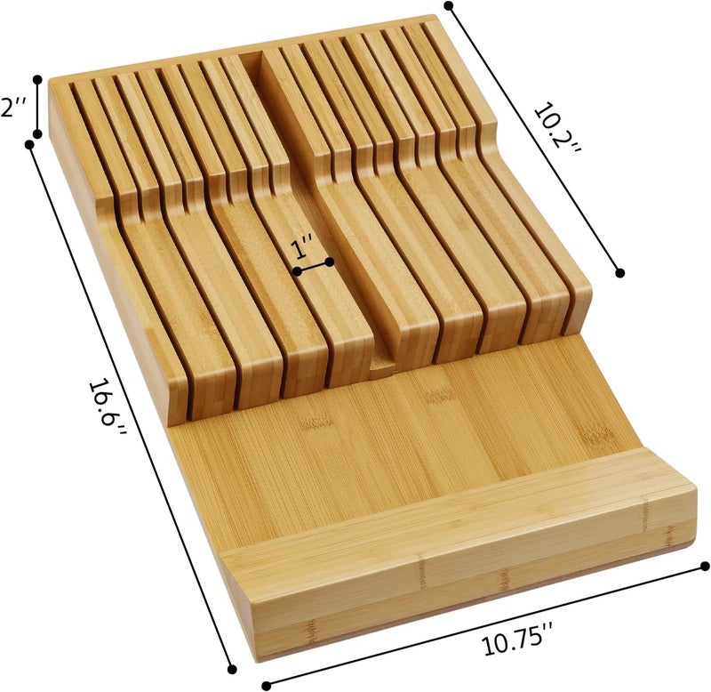 WenCraft Bamboo Kitchen Drawer Knife Holder, In-drawer Knife Block, Knife Drawer Organizer fit for 16 knives and 1 steel sharpening - Image 3